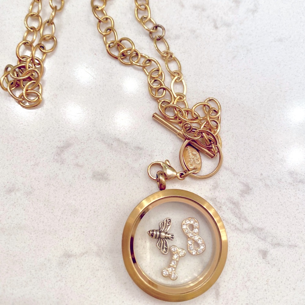 Origami owl large gold locket, toggle necklace & charm bundle